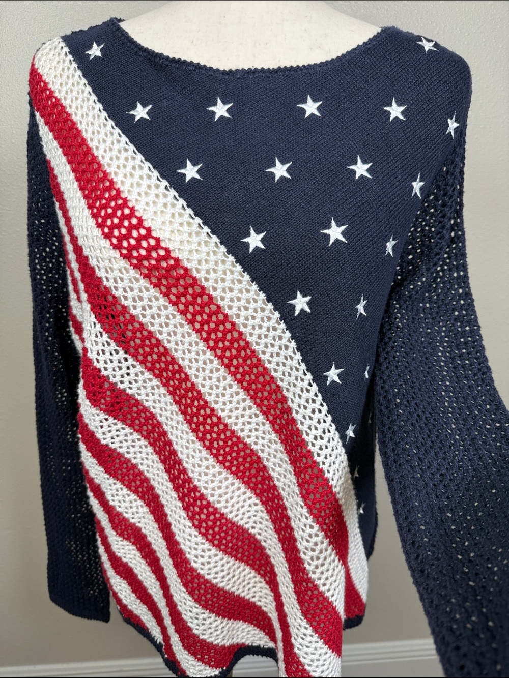 American Flag‎ Open Knit Mesh Sweater Top L Stars Stripes 4th of July Patriotic